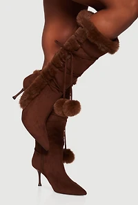 Womens Side Zip Faux Fur Pom Pom Stiletto Boots, Brown, Size 12