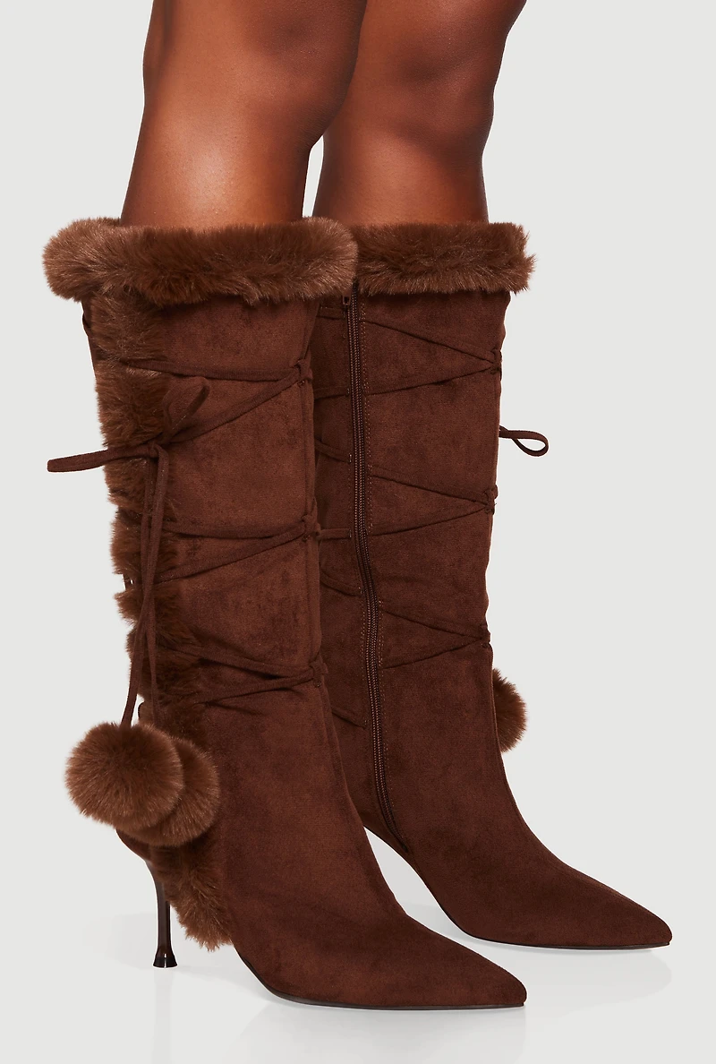 Womens Side Zip Faux Fur Pom Pom Stiletto Boots, Brown, Size 12