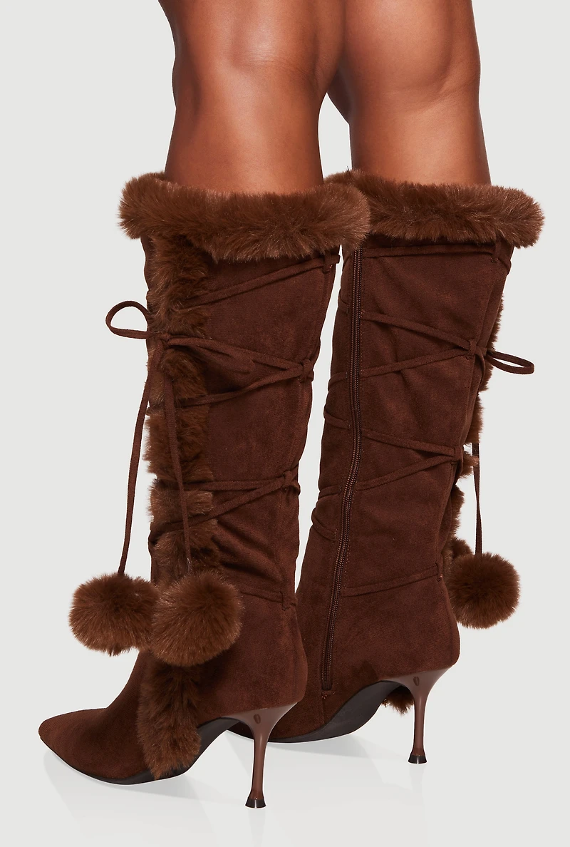 Womens Side Zip Faux Fur Pom Pom Stiletto Boots, Brown, Size 12
