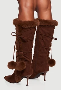 Womens Side Zip Faux Fur Pom Pom Stiletto Boots, Brown, Size 12