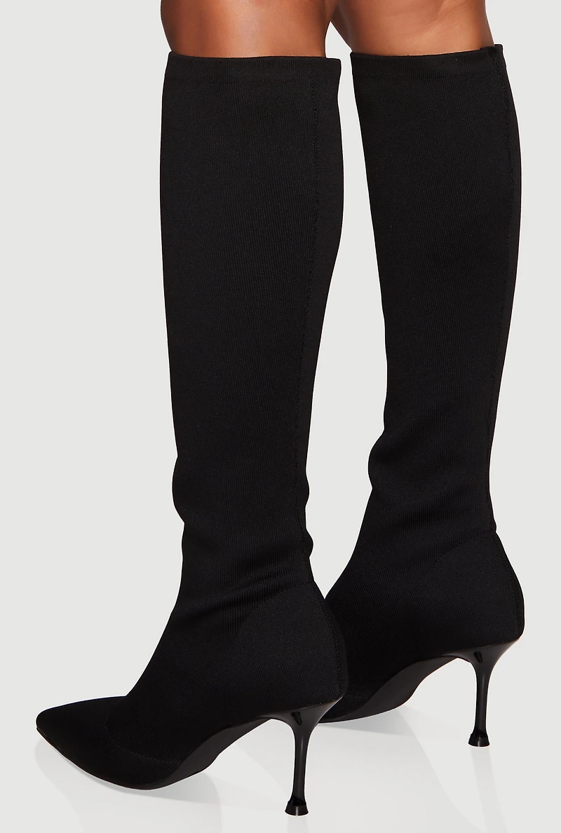 Womens Trendy Pointed Toe Spool Heel Sock Boots, Black,
