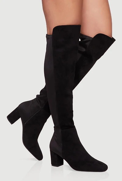 Womens Over The Knee Almond Toe Block Heel Boots, Black,