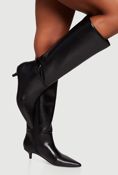 Side Zip Pointed Toe Kitten Heel Knee High Boots
