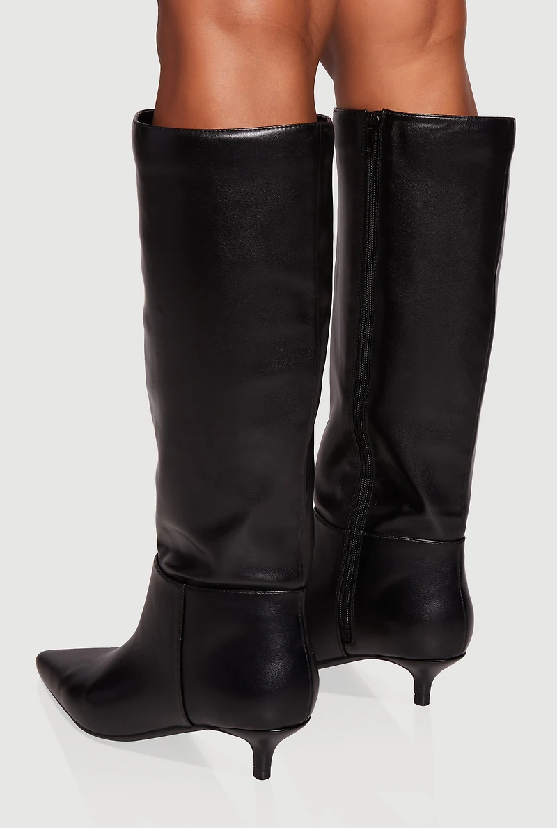 Side Zip Pointed Toe Kitten Heel Knee High Boots