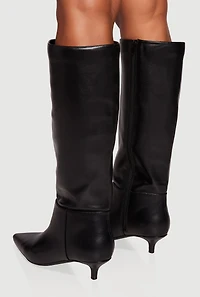 Side Zip Pointed Toe Kitten Heel Knee High Boots