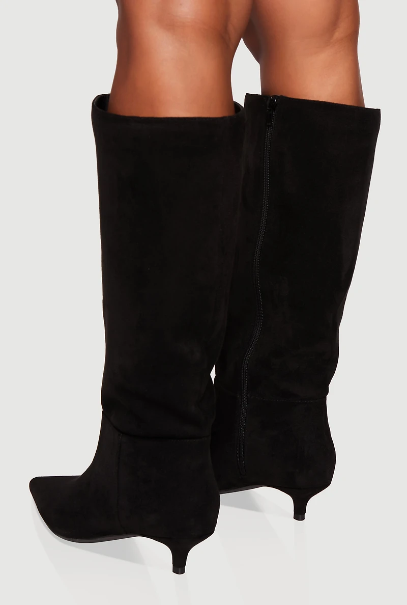 Side Zip Pointed Toe Kitten Heel Knee High Boots
