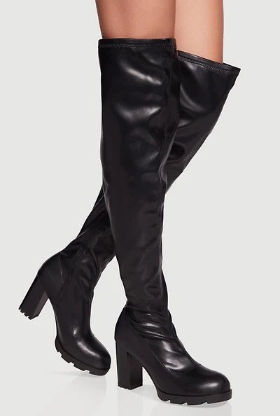 Womens Chunky Block Heel Over The Knee Boots, Black,