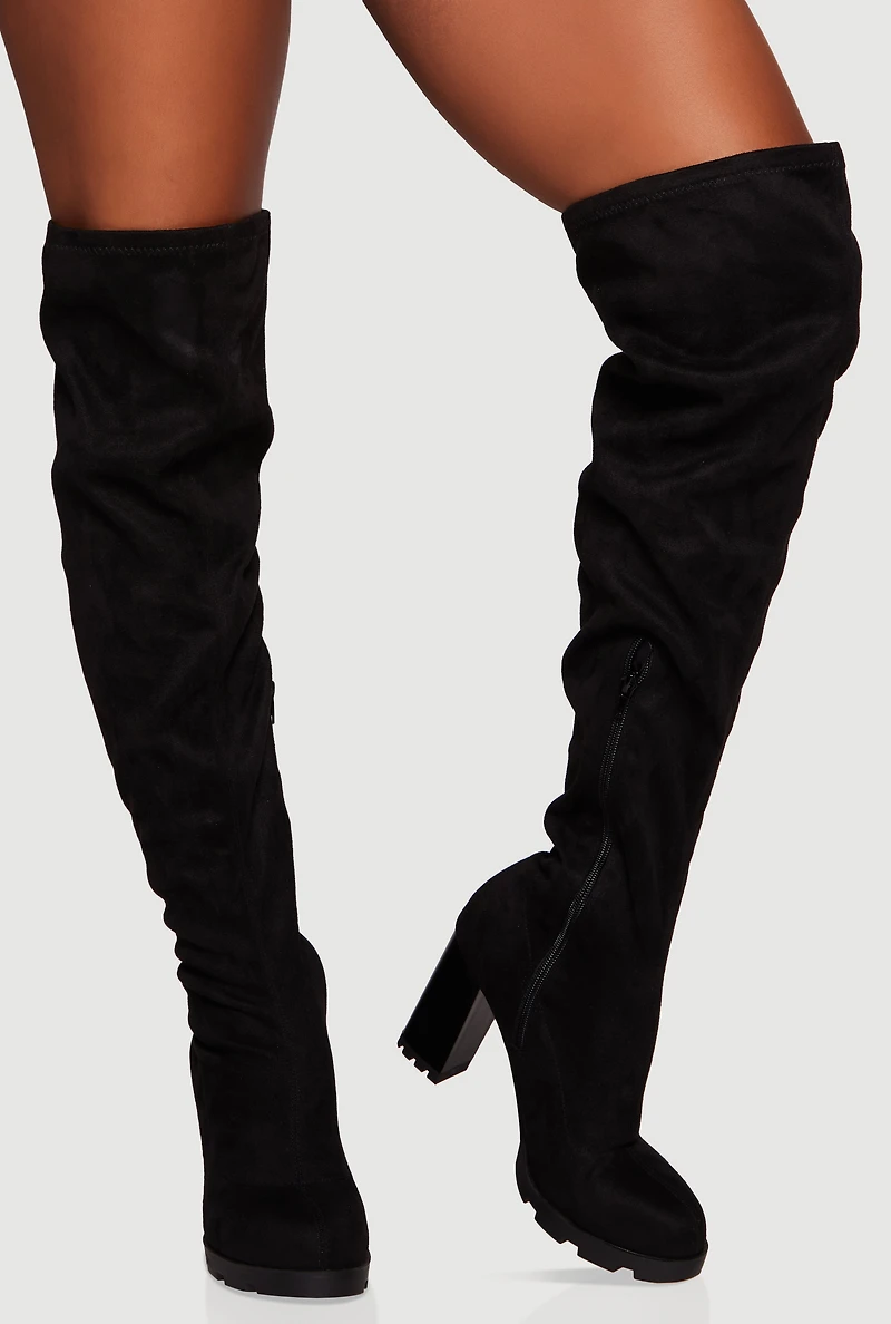 Womens Chunky Block Heel Over The Knee Boots, Black,