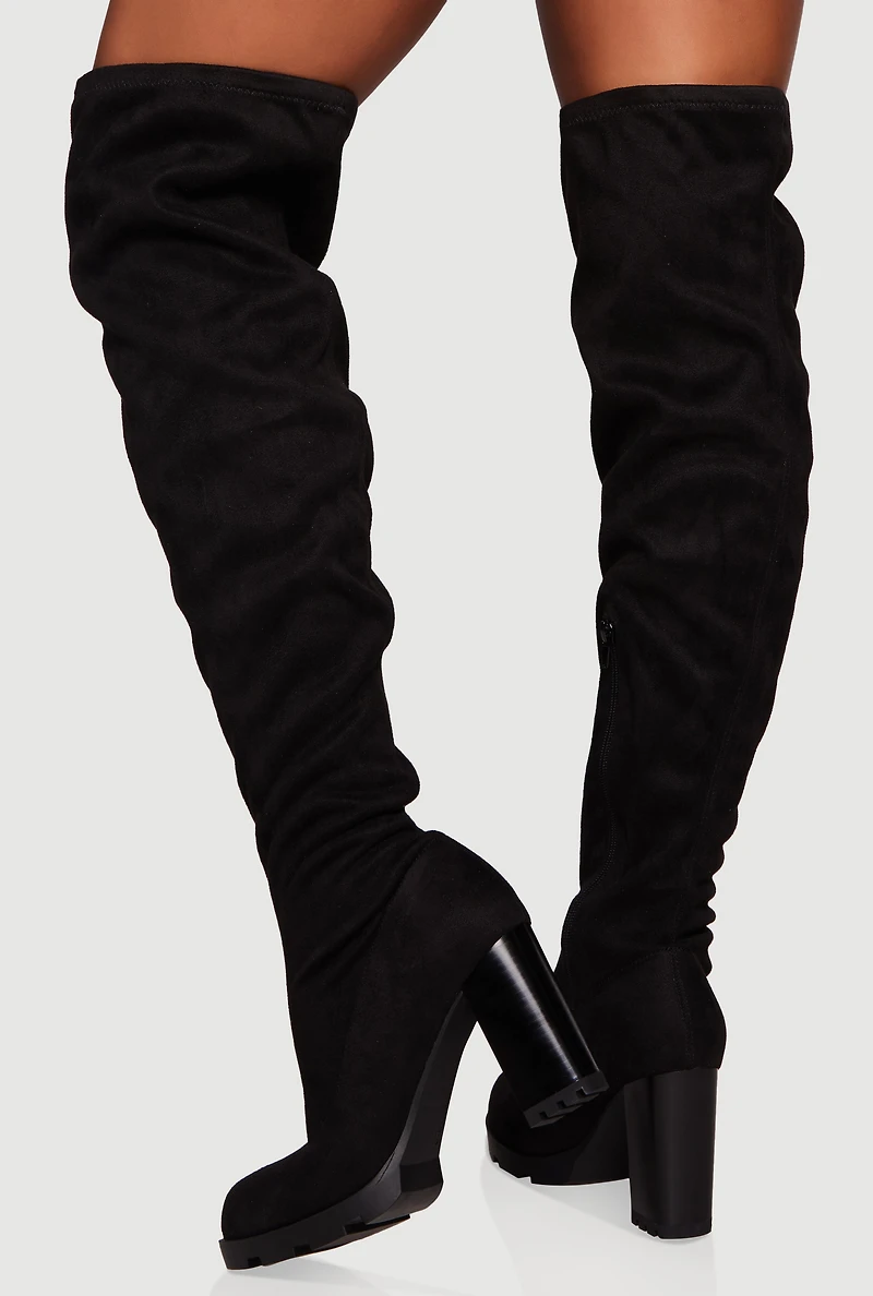 Womens Chunky Block Heel Over The Knee Boots, Black,