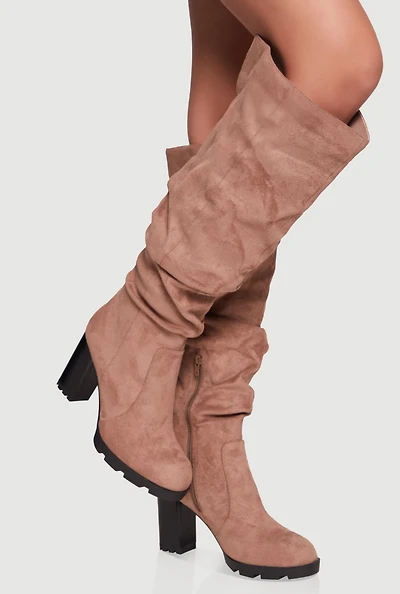 Womens Knee High Round Toe Block Heel Slouch Boots,