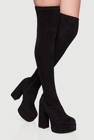 Womens Platform Block Heel Over the Knee Boots, Black, Size 7.5