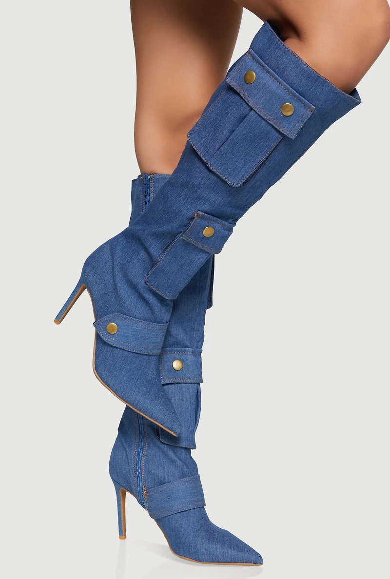 Womens Knee High Stiletto Boots with Cargo Pockets,