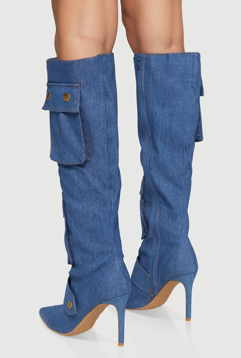 Knee High Stiletto Boots with Cargo Pockets