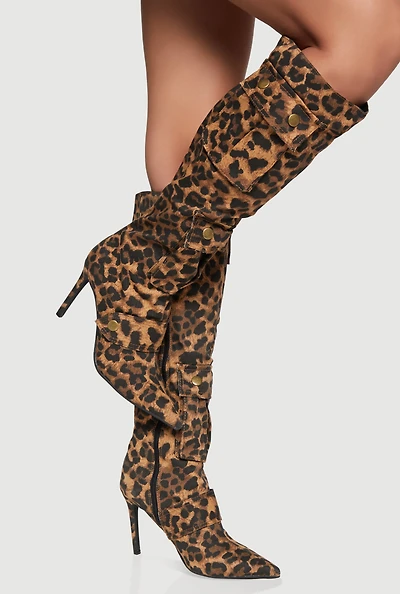 Womens Knee High Stiletto Boots with Cargo Pockets, Brown,