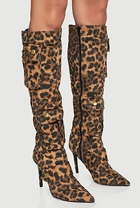 Womens Knee High Stiletto Boots with Cargo Pockets, Brown,