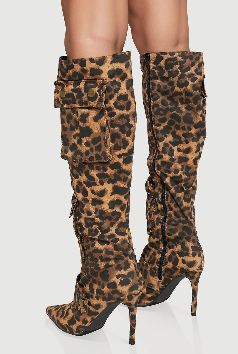 Womens Knee High Stiletto Boots with Cargo Pockets, Brown,