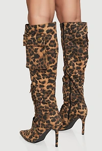 Womens Knee High Stiletto Boots with Cargo Pockets, Brown,