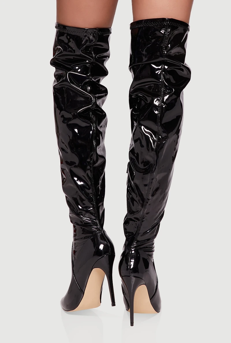 Womens Pointy Toe Thigh High Stiletto Boots, Black,