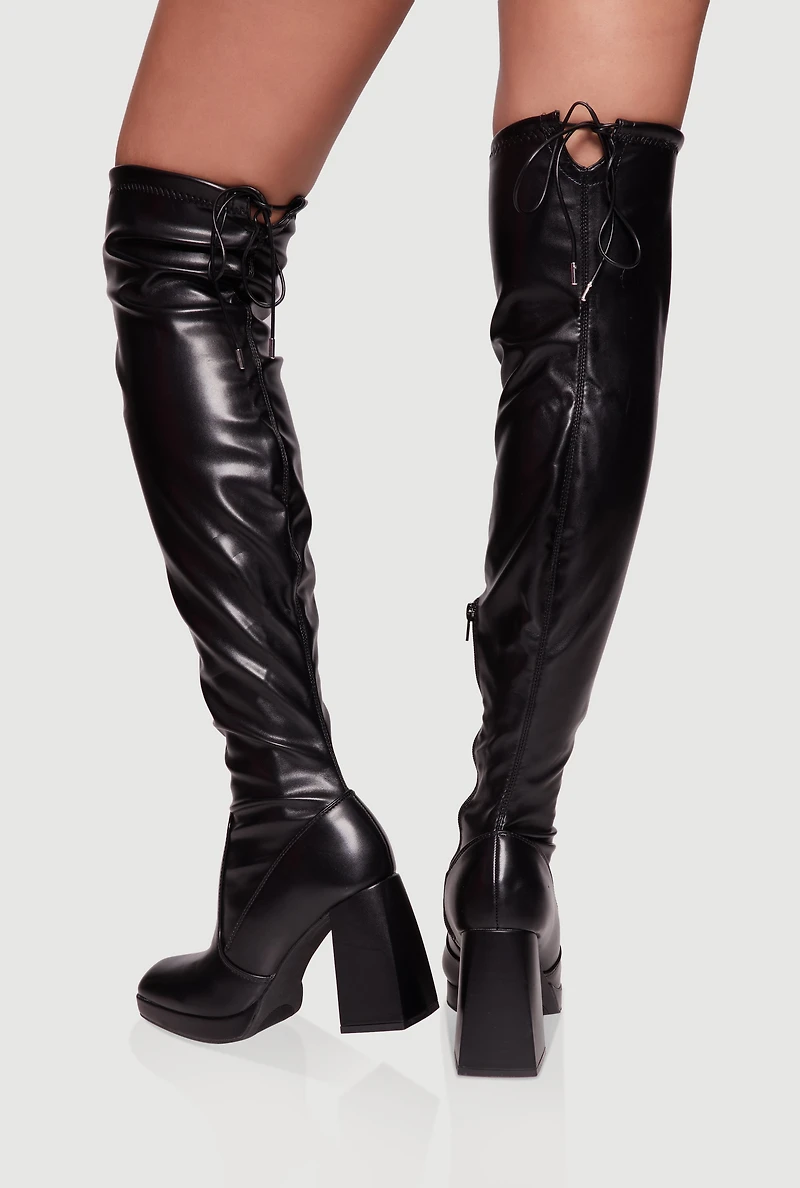 Womens Trendy Square Toe Block Heel Over The Knee Boots, Black,