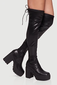 Womens Tie Back Chunky Heel Over The Knee Platform Boots, Black,