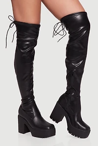 Womens Tie Back Chunky Heel Over The Knee Platform Boots, Black,