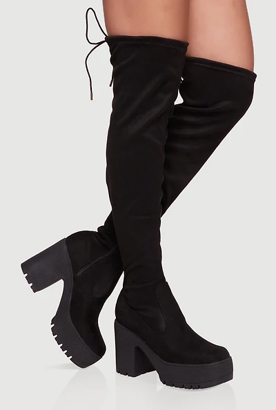 Womens Tie Back Chunky Heel Over The Knee Platform Boots, Black,