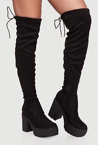 Womens Tie Back Chunky Heel Over The Knee Platform Boots, Black,