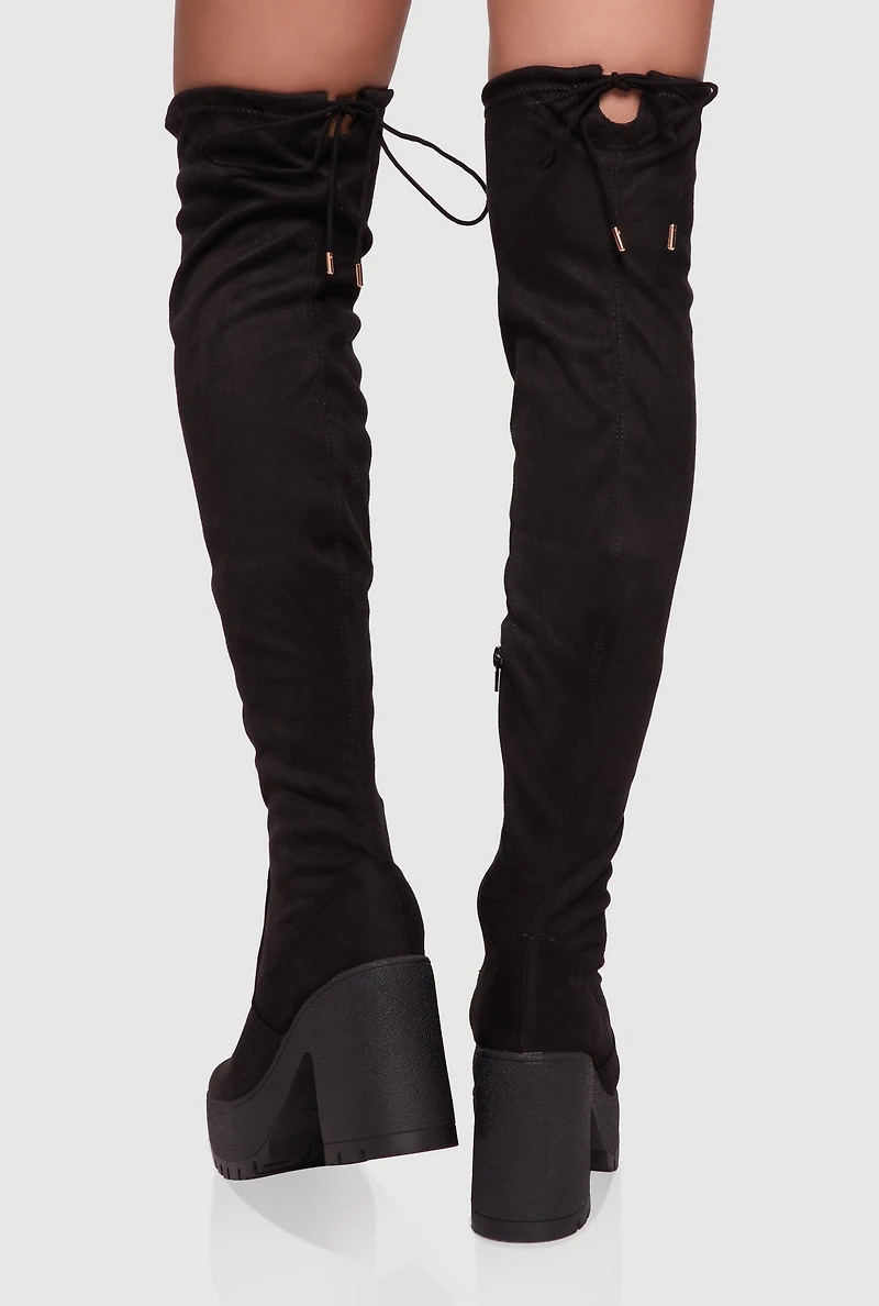 Womens Tie Back Chunky Heel Over The Knee Platform Boots, Black,