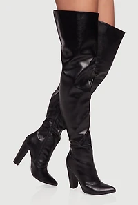 Womens Thigh High Pointed Toe Block Heel Boots, Black,
