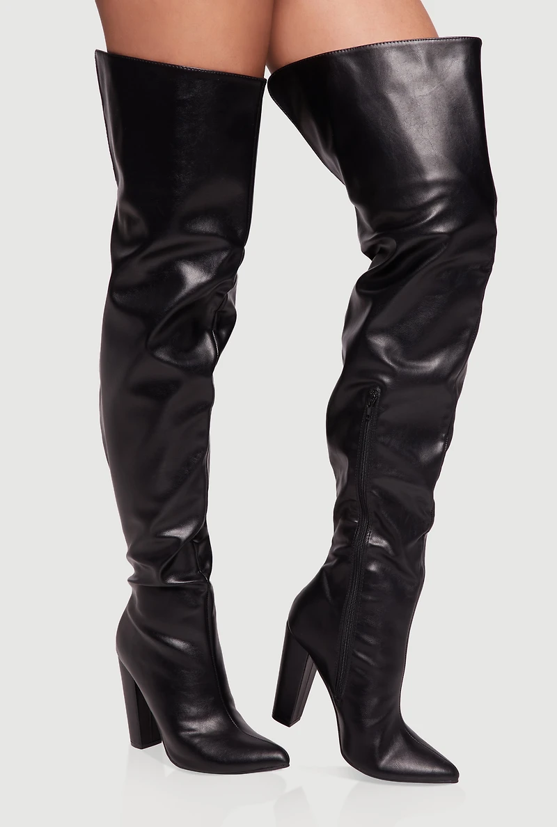 Womens Thigh High Pointed Toe Block Heel Boots, Black,