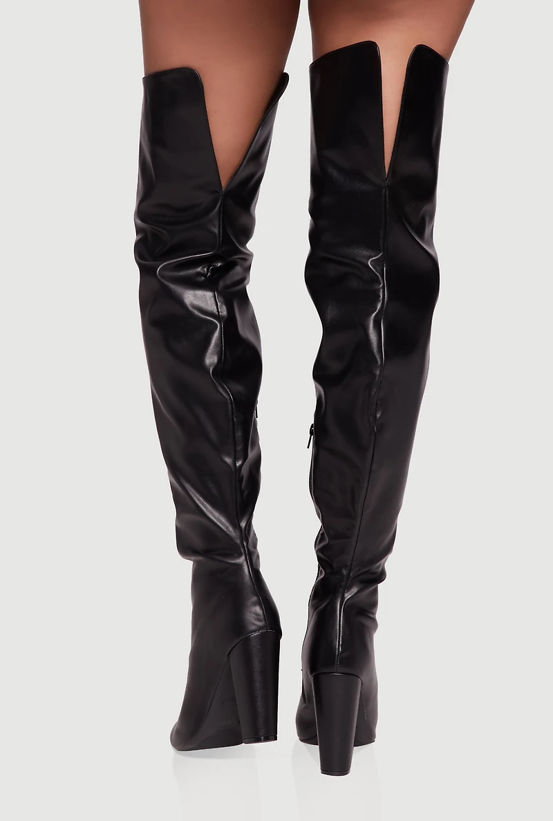 Womens Thigh High Pointed Toe Block Heel Boots, Black,