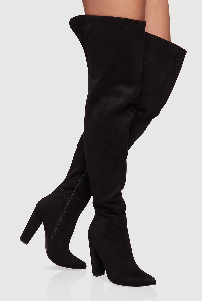 Womens Thigh High Pointed Toe Block Heel Boots, Black,