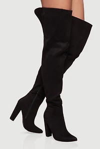 Womens Thigh High Pointed Toe Block Heel Boots, Black,
