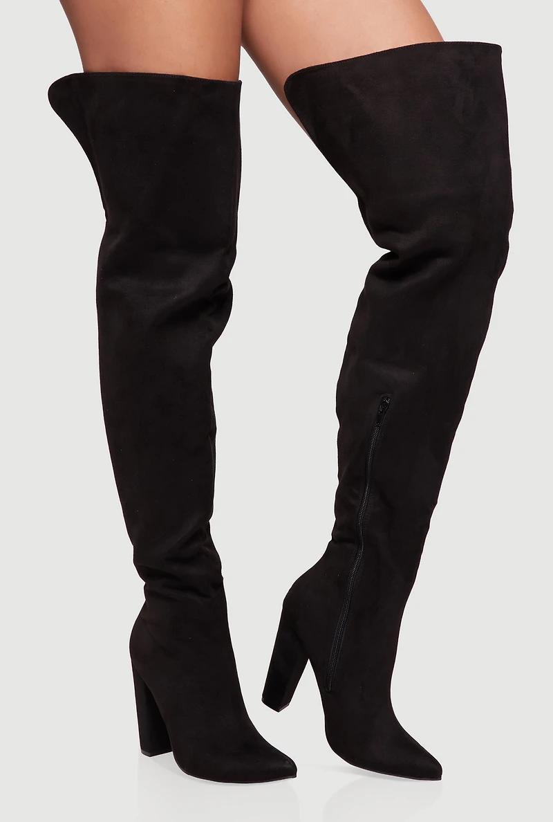 Womens Thigh High Pointed Toe Block Heel Boots,