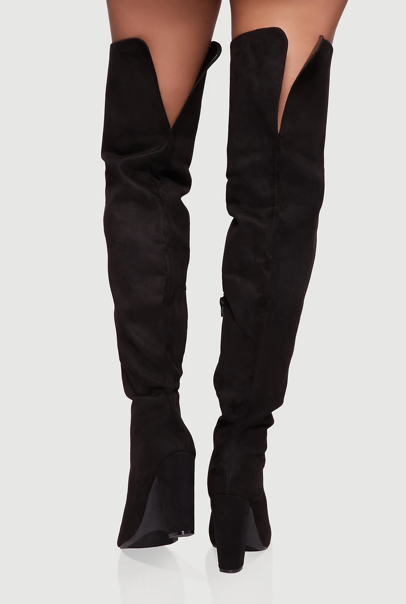 Womens Thigh High Pointed Toe Block Heel Boots,