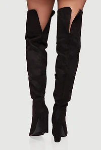 Womens Thigh High Pointed Toe Block Heel Boots,