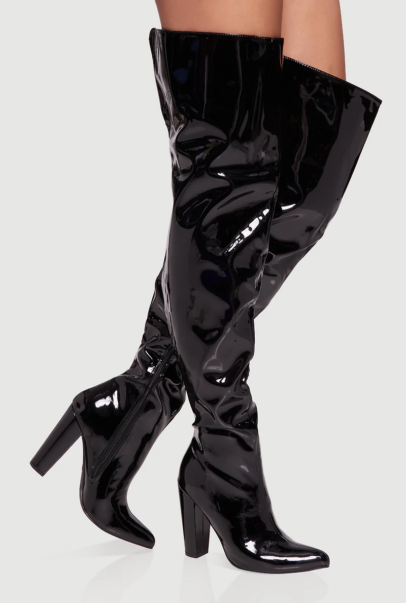 Womens Thigh High Pointed Toe Block Heel Boots,