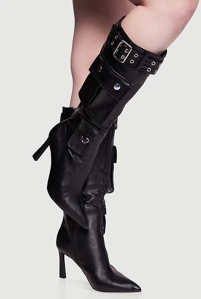 Womens Belt Detail Cargo Pocket Pointed Toe High Heel Boots,