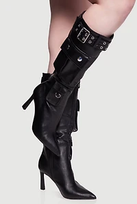 Belt Detail Cargo Pocket Pointed Toe High Heel Boots