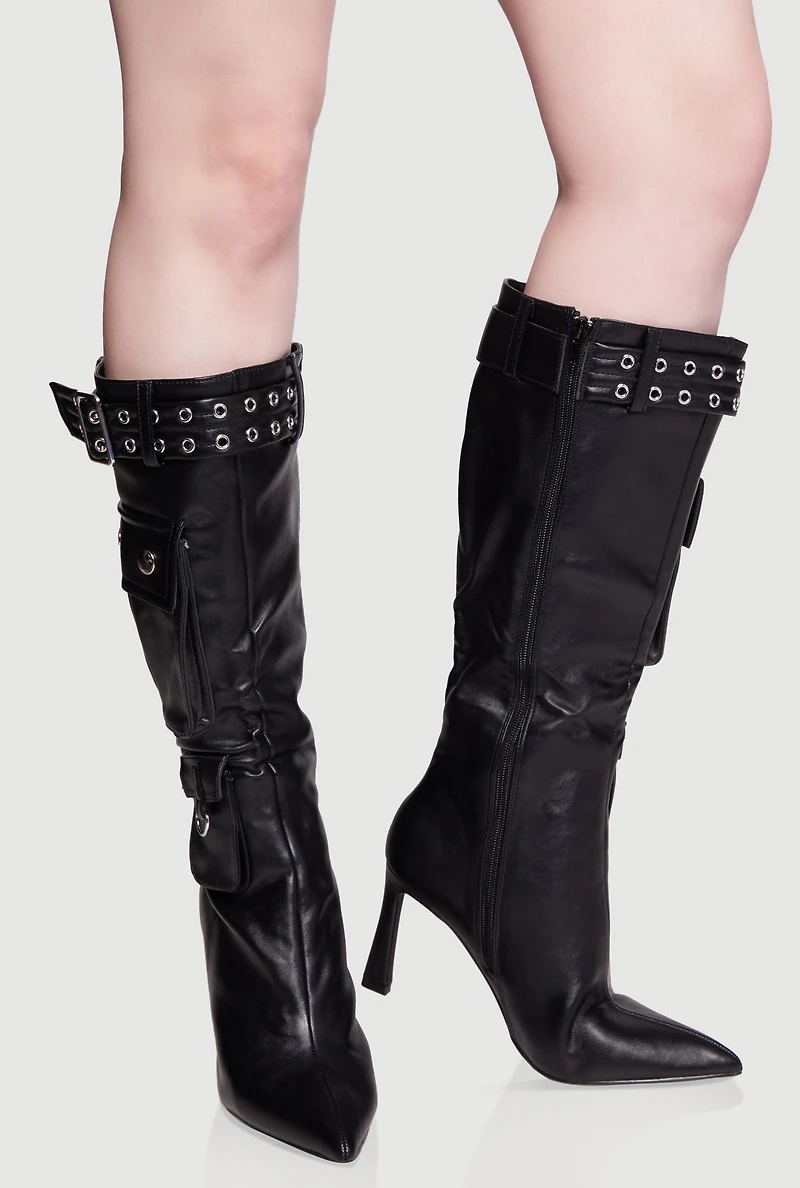 Womens Belt Detail Cargo Pocket Pointed Toe High Heel Boots,