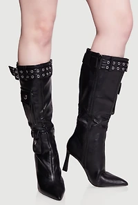 Womens Belt Detail Cargo Pocket Pointed Toe High Heel Boots,