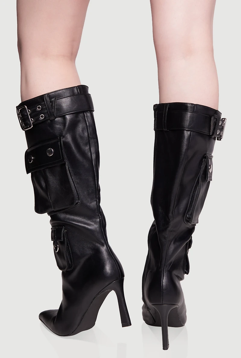 Womens Belt Detail Cargo Pocket Pointed Toe High Heel Boots,