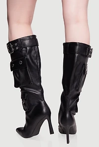 Womens Belt Detail Cargo Pocket Pointed Toe High Heel Boots,