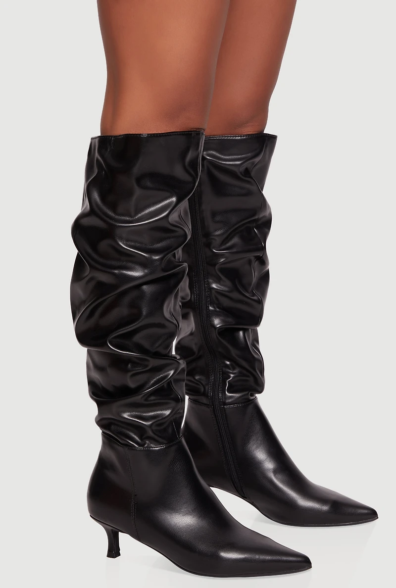 Pointy Toe Side Zip Kitten Heel Slouch Boots
