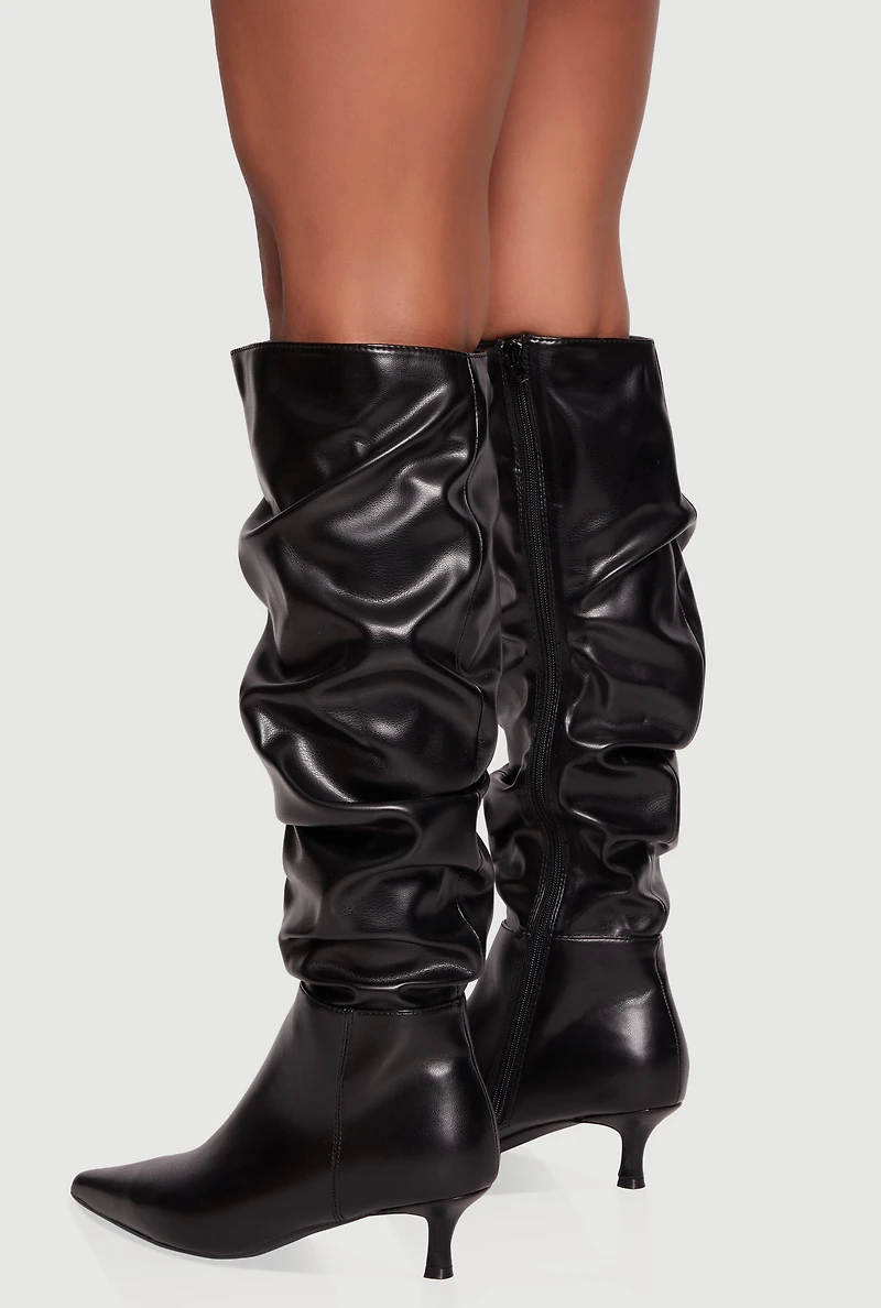 Pointy Toe Side Zip Kitten Heel Slouch Boots