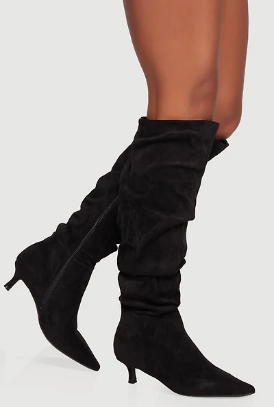Womens Pointy Toe Side Zip Kitten Heel Slouch Boots, Black,