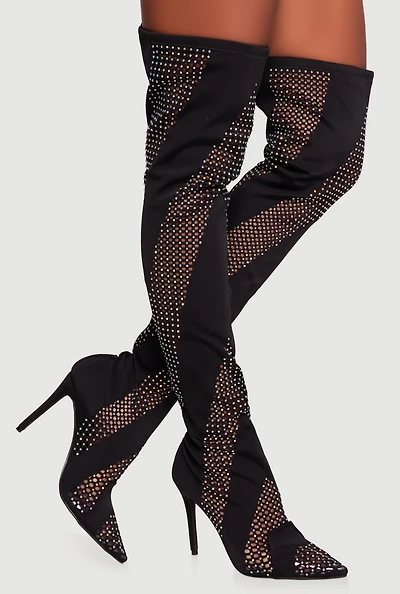 Rhinestone Chevron Cutout Thigh High Boots