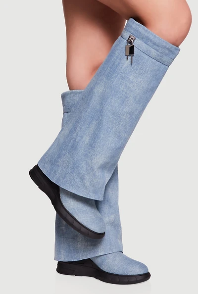 Metallic Lock Charm Denim Fold Over Wedge Boots