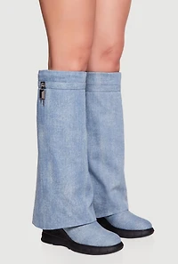 Metallic Lock Charm Denim Fold Over Wedge Boots