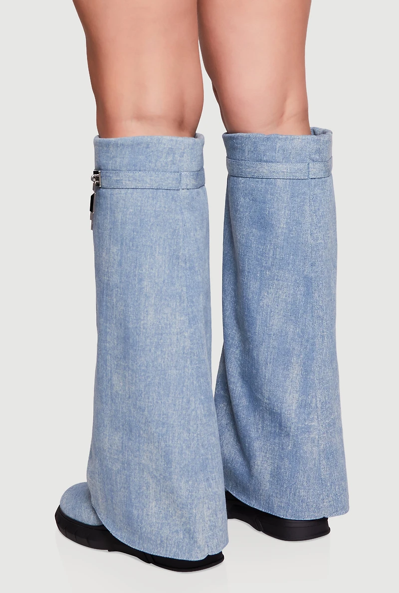 Metallic Lock Charm Denim Fold Over Wedge Boots